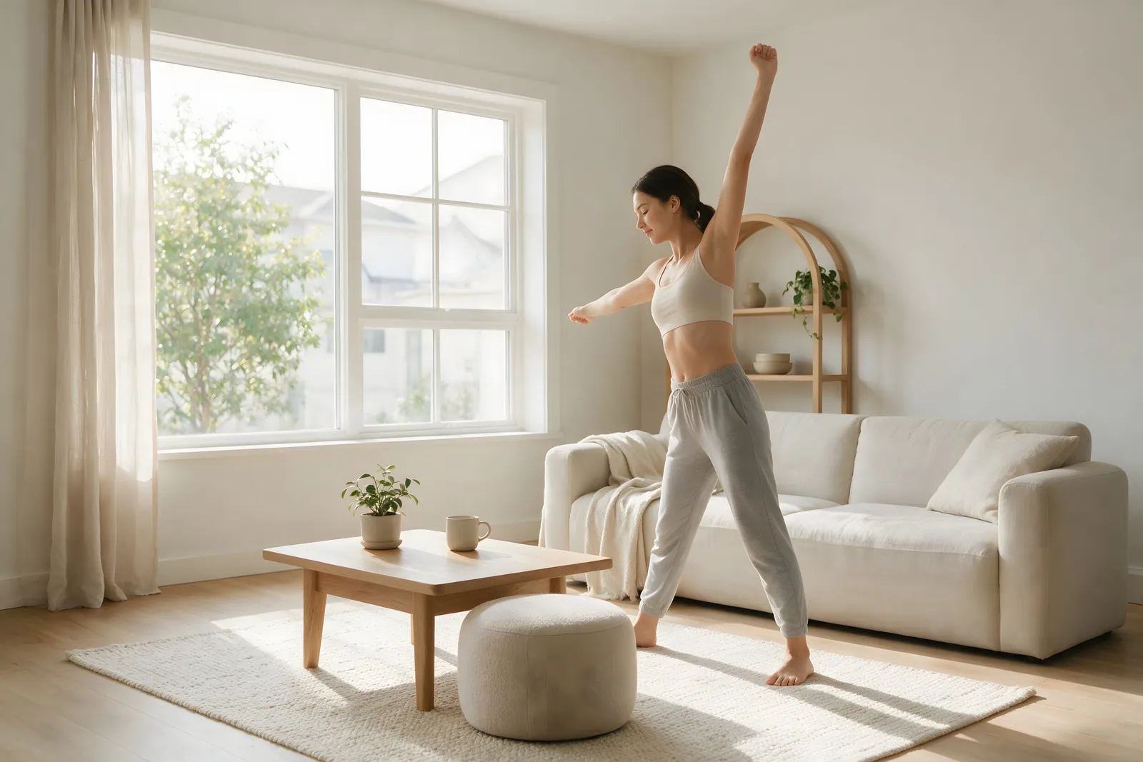 明るいリビングでヨガストレッチをする女性